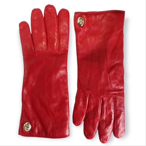 Coach Iconic Red Leather Gloves Size 8 Medium Cashmere Lined Gold Hardware - Picture 1 of 8